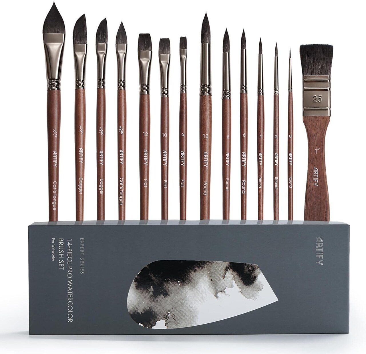 Artify Watercolor Brushes Professional, 14pcs Watercolor Paint Brush Set, Mixed Squirrel Hair - Balanced Spring & Water Absorption, Round/Flat/Filbert/Angled/Liner Tips, for Watercolor, Gouache